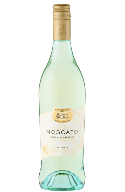 Bottle of Brown Brothers Moscato wine with a gold foil cap on a white background