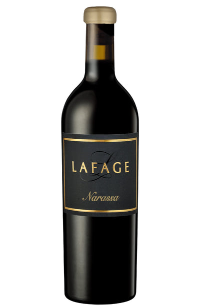 A bottle of Domaine Lafage Narassa red wine with a black label and gold lettering, set against a plain white background.