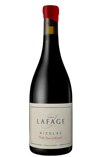 A bottle of Lafage Nicolas red wine with a dark glass body, a cream-colored label, and a red wax seal on the neck, isolated on a white background.