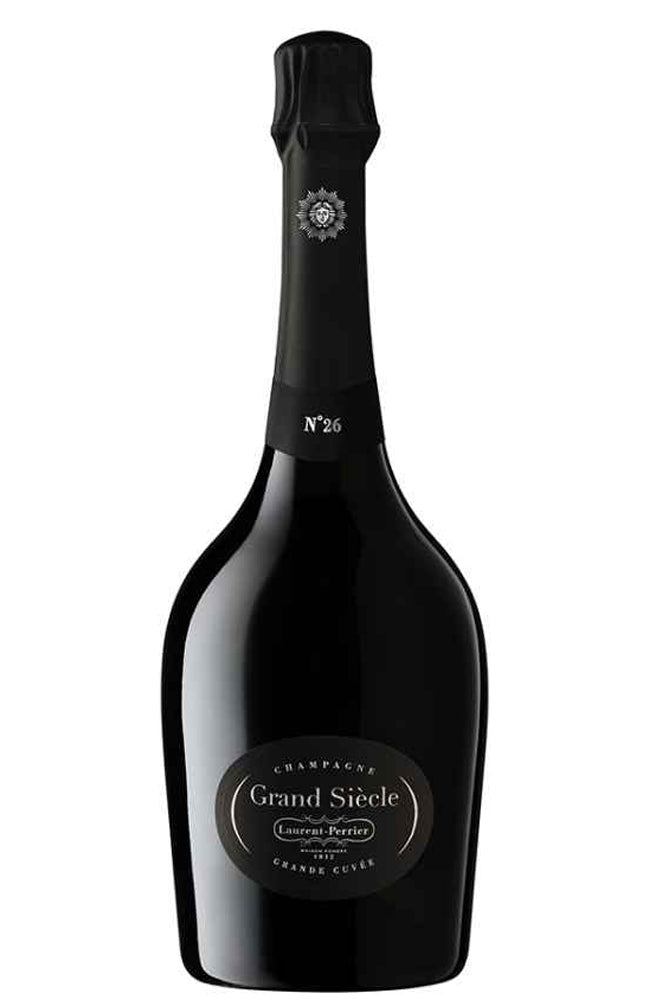 Champagne Laurent-Perrier Black champagne bottle labeled 'Grand Siecle' on a white background