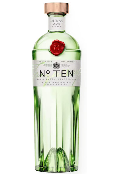 Bottle of Tanqueray No. TEN Sall Batch Craft Gin on a white background