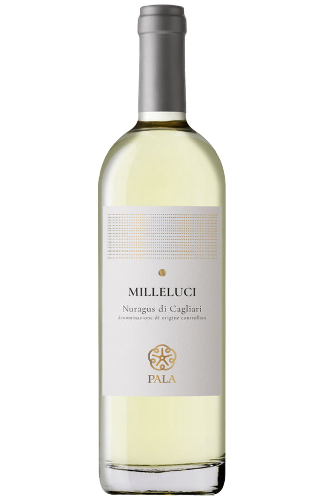 A bottle of Pala Milleluci Nuragus di Cagliari white wine, featuring a pale yellow liquid, a white label with gold and black text, and a gray screw cap, isolated on a white background.