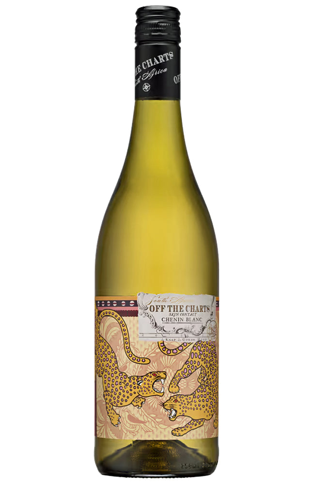 Bruce Jack Off the Charts Skin Contact Chenin Blanc Wine bottle with a decorative label featuring leopards on a white background