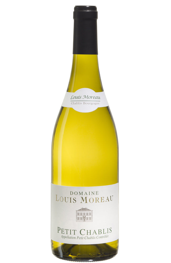 A bottle of Louis Moreau Petit Chablis white wine, showing the pale yellow-green liquid inside a clear glass bottle with a cream-colored label and a black capsule.