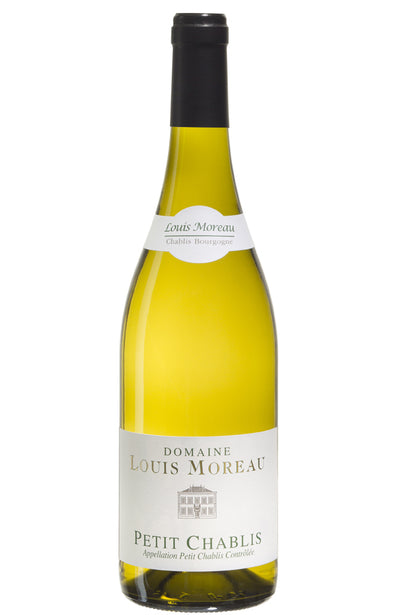 A bottle of Louis Moreau Petit Chablis white wine, showing the pale yellow-green liquid inside a clear glass bottle with a cream-colored label and a black capsule.