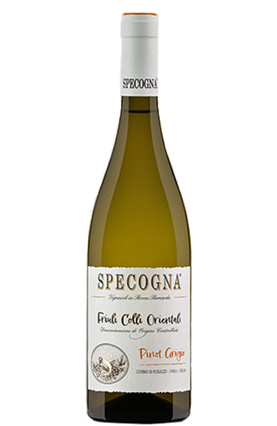 A bottle of Specogna Friuli Colli Orientali Pinot Grigio Romato wine, featuring a pale green glass bottle, a white paper label with elegant black and orange text, and a white foil capsule at the neck, set against a plain white background.