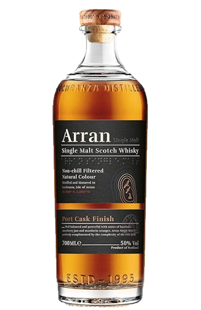 Bottle of Arran Port Cask Finish Single Malt Scotch Whisky on a Whiert background