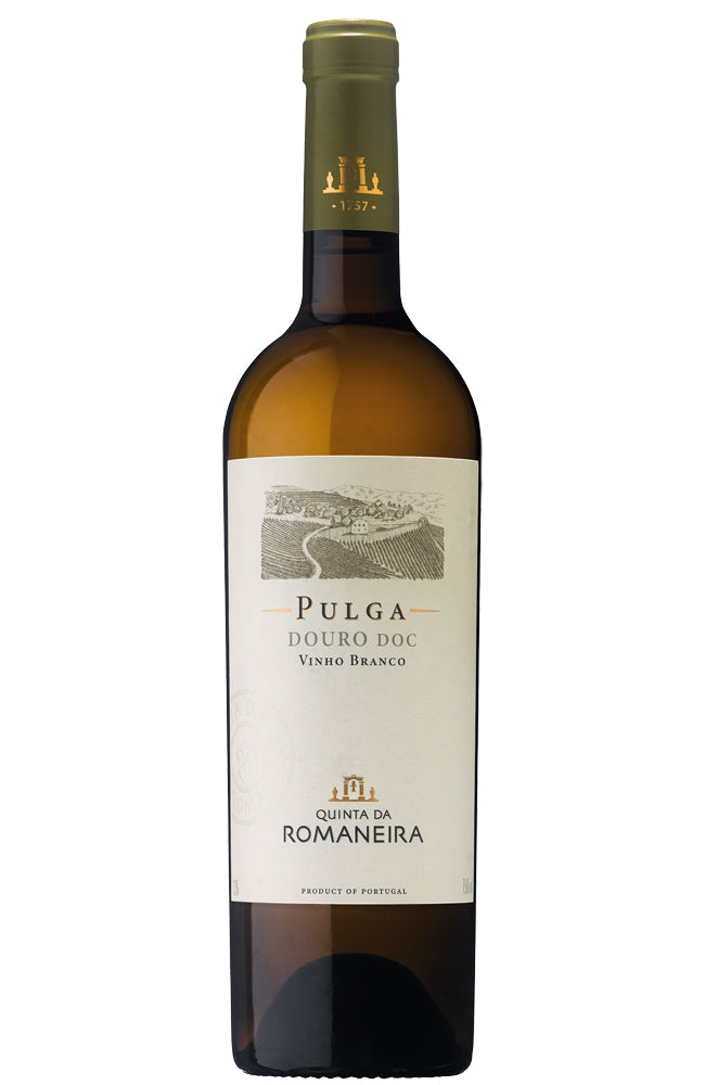 A bottle of Quinta da Romaneira Pulga Douro Doc Vinho Branco wine, featuring an off-white label with a gray landscape illustration and gold accents, set against a plain white background.