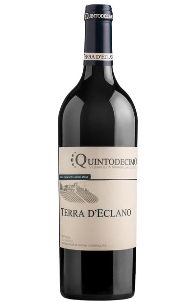 A bottle of Quintodecimo Terra d'Eclano Aglianico red wine, featuring a dark glass bottle with a cream-colored label and a dark blue foil seal, isolated on a white background.