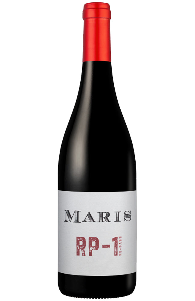 Wine bottle with red cap and 'MARIS RP-1' label on a white background