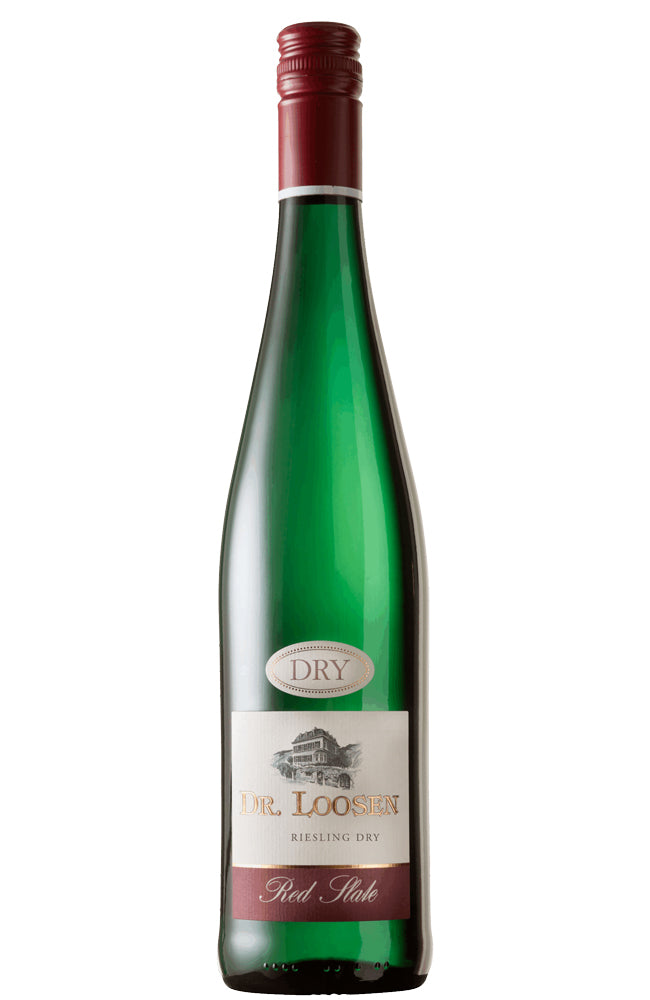 A bottle of Dr. Loosen Red Slate Riesling Dry on a plain white background.