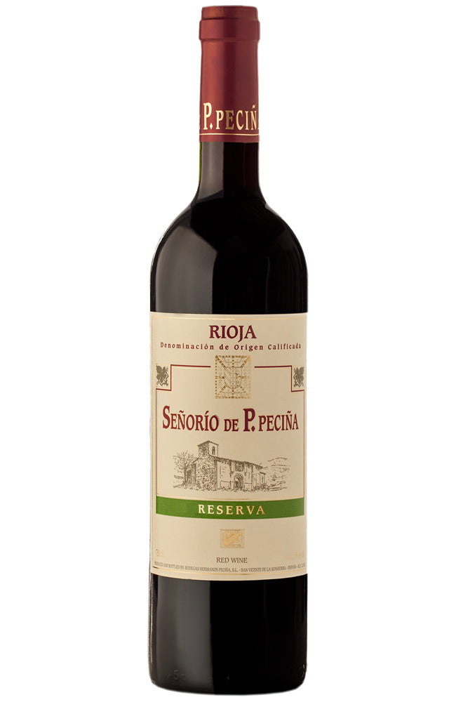 Bottle of Senorio de P. Pecina Reserva Rioja wine on a white background