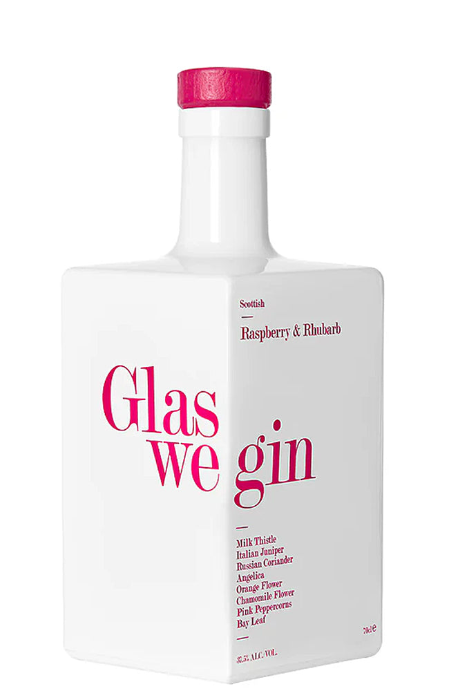 Glaswe gin bottle with raspberry and rhubarb flavor on a white background