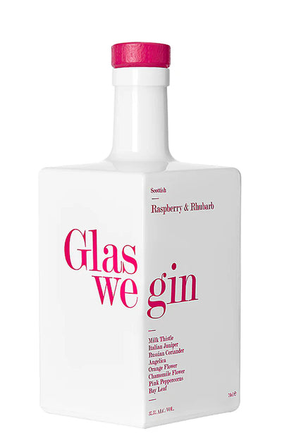Glaswe gin bottle with raspberry and rhubarb flavor on a white background