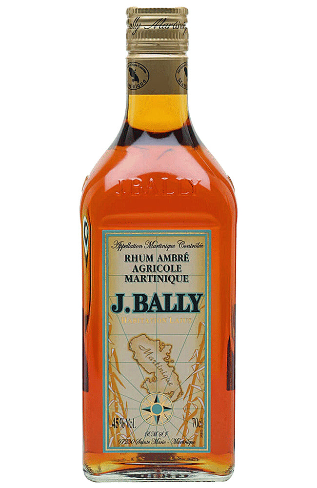 Bottle of J. Bally Rhum Ambré with a gold cap on a white background