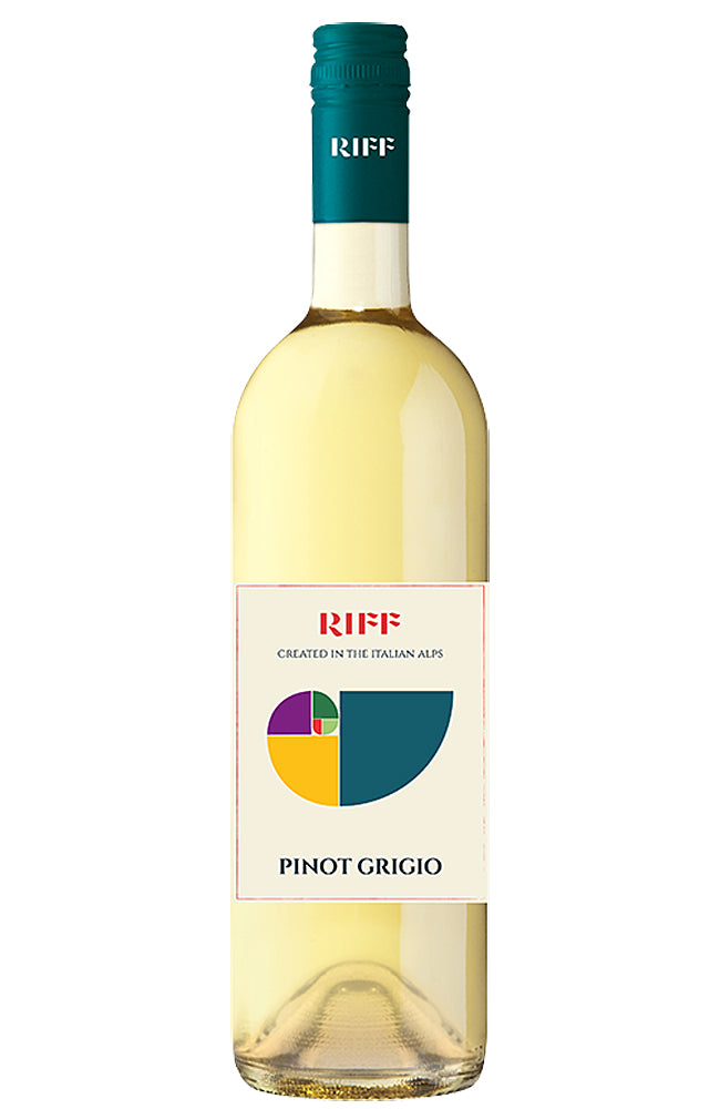 Bottle of Alois Lageder RIFF Pinot Grigio wine on a white background