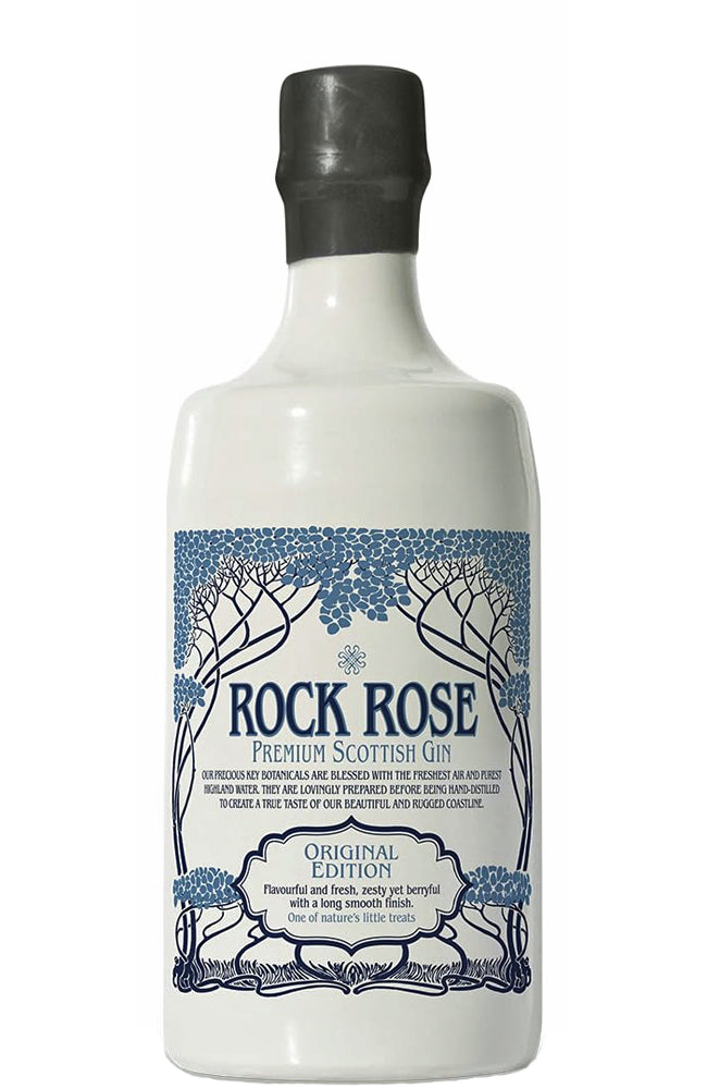 A bottle of Rock Rose Premium Scottish Gin with a white body, a black cap, and a blue and white label featuring tree illustrations.