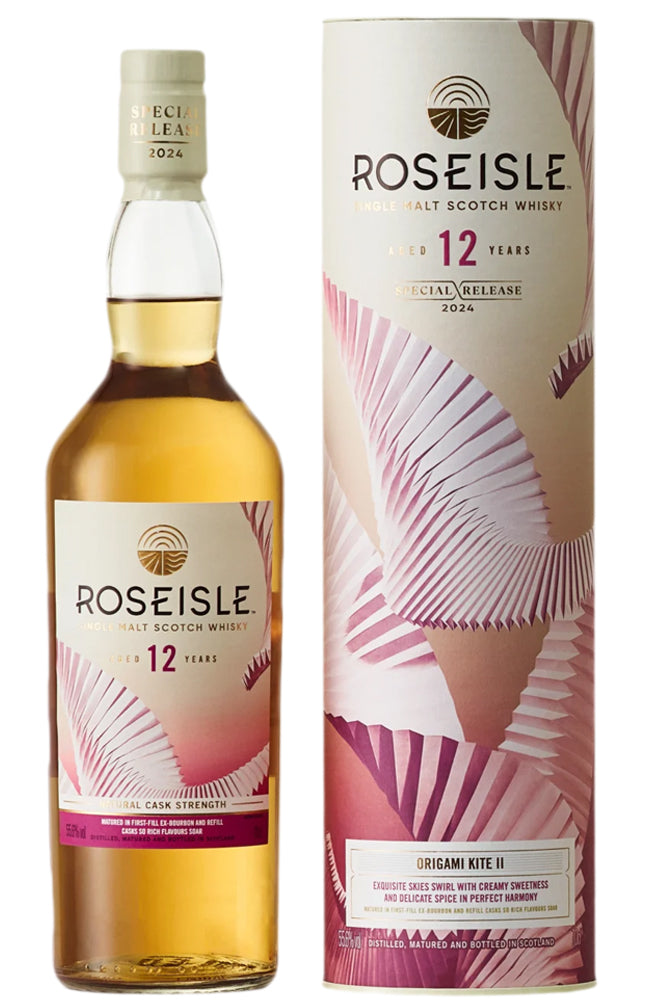 Roseisle 12-year-old Scotch Whisky bottle and gift tube on a white background