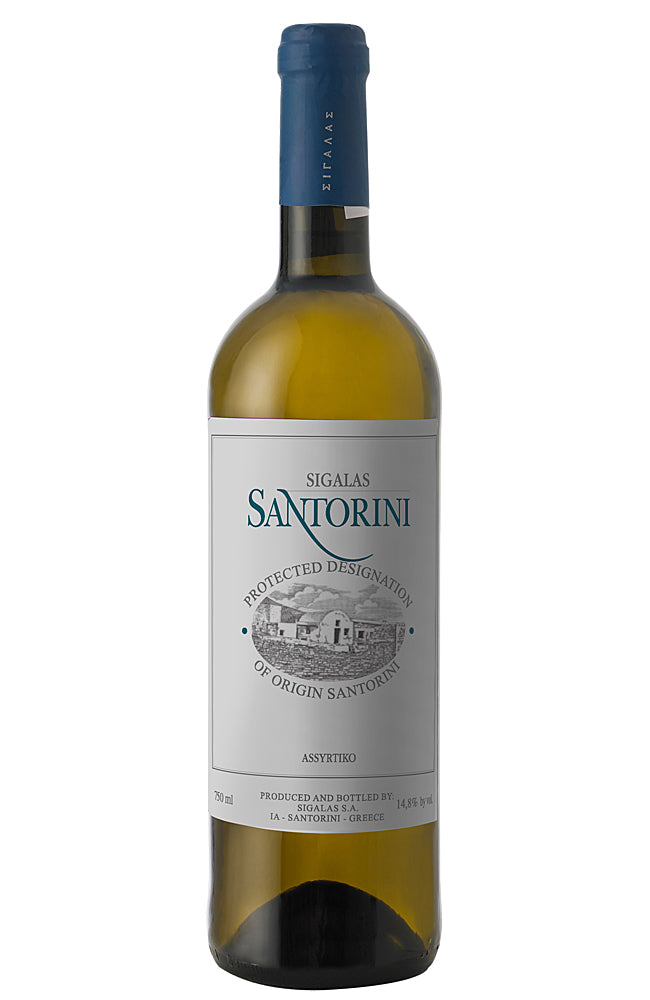 A bottle of Domaine Sigalas Santorini Assyrtiko white wine with a white label and a blue foil cap, shown against a plain white background.
