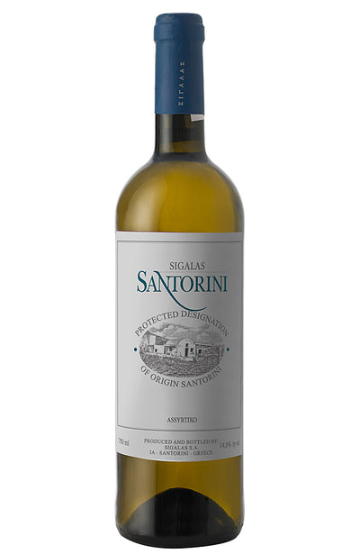 A bottle of Domaine Sigalas Santorini Assyrtiko white wine with a white label and a blue foil cap, shown against a plain white background.