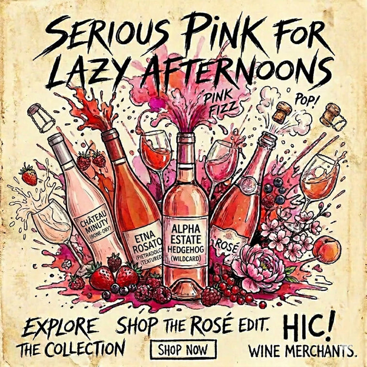 Illustration of pink wine bottles with text promoting a rose wine collection.