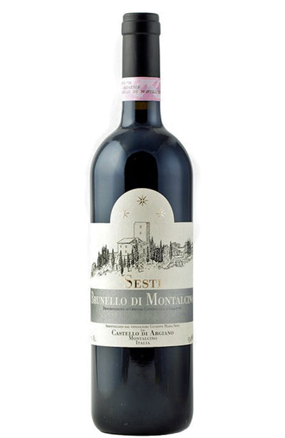 A bottle of Sesti Brunello di Montalcino red wine, featuring a dark glass bottle with a black cap and a cream-colored label with a black architectural illustration.