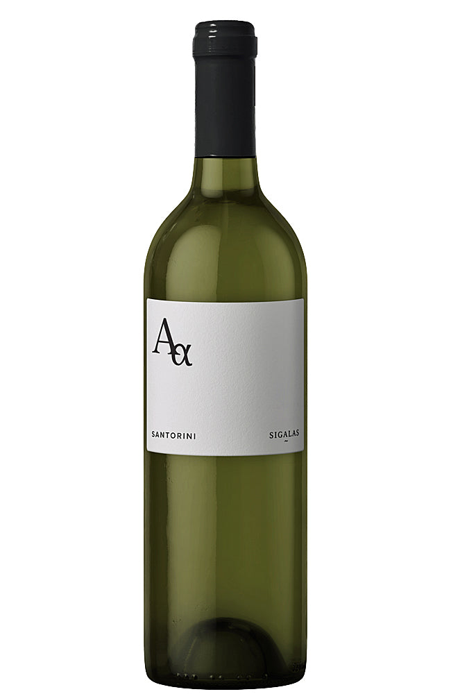 A bottle of Domaine Sigalas Santorini white wine in a dark green glass bottle with a black capsule and a minimalist white label featuring the 'A&α' logo.