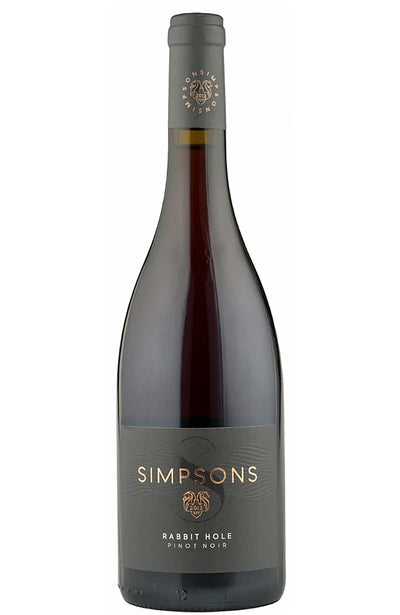 A bottle of Simpson's Rabbit Hole Pinot Noir red wine, featuring a dark gray label and a dark gray capsule seal, set against a plain white background.
