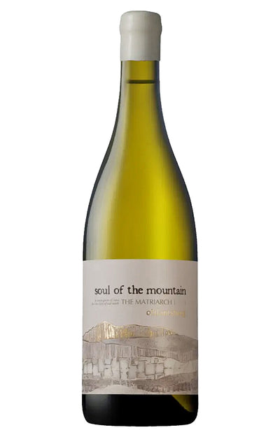 A bottle of Olifantsberg Soul of the Mountain The Matriarch dry white wine, featuring a pale yellow-green glass bottle, a white capsule seal, and a cream-colored label with a minimalist mountain illustration.