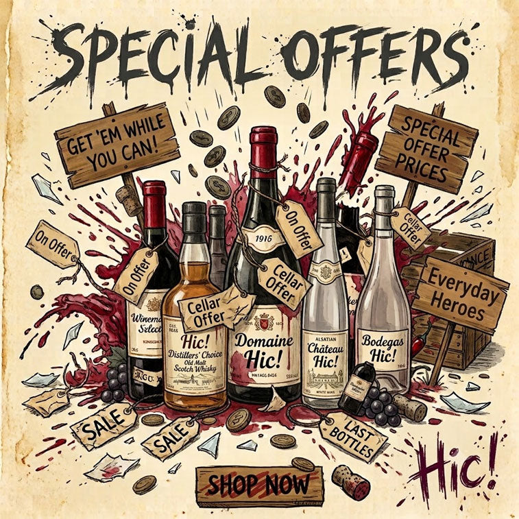 A promotional graphic with the words 'SPECIAL OFFERS' and multiple illustrated wine bottles, signs, coins, and sale text on a parchment-style background. The bottles include labels such as Cellar Offer, Domaine Hic!, Château Hic!, and Bordeaux Hic!, with 'Hic!' written prominently in the lower right.