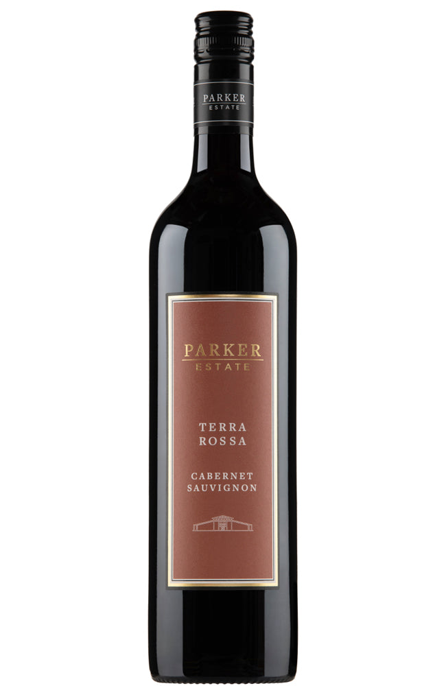 A bottle of Parker Estate Terra Rossa Cabernet Sauvignon red wine, featuring a dark glass bottle with a terracotta-colored label and gold lettering, set against a plain white background.