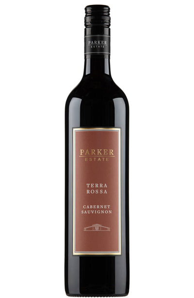 A bottle of Parker Estate Terra Rossa Cabernet Sauvignon red wine, featuring a dark glass bottle with a terracotta-colored label and gold lettering, set against a plain white background.