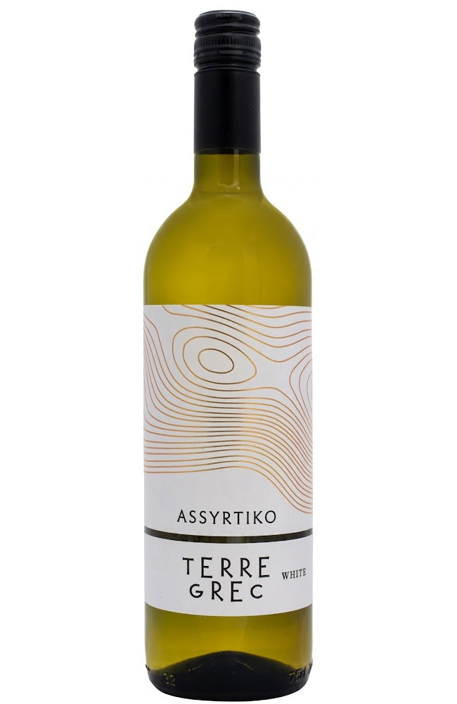 Theopetra Estate Wine bottle labeled 'Terre Grec' Assyrtiko with a white label on a white background