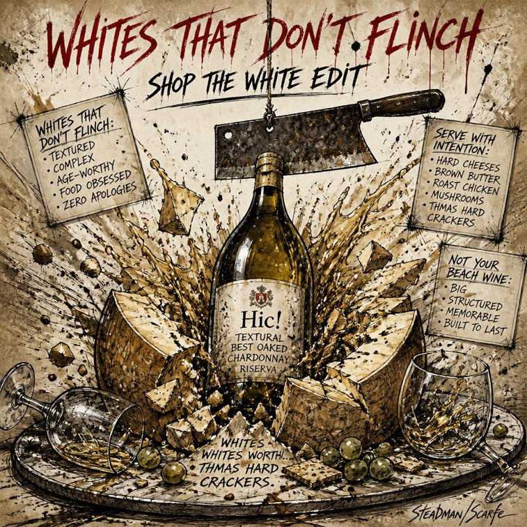A stylized illustrated wine bottle labeled 'Hic!' surrounded by cheese wedges, olives, two wine glasses, and a cleaver on a tray, with bold text reading 'Whites That Don't Flinch' and 'Shop the White Edit.' This is not a clean product photo and not a real environment; it functions as a graphic/artwork-style listing image, so Product/Packaging is the best fit rather than Lifestyle or Scenery.