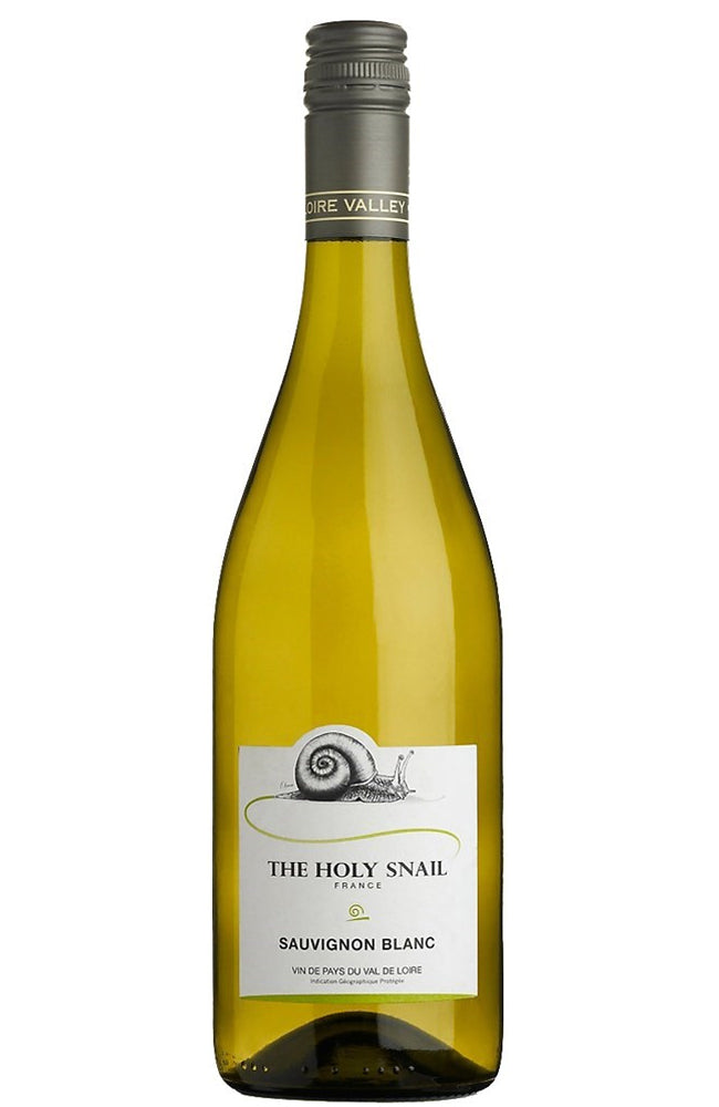 Bottle of The Holy Snail Sauvignon Blanc wine on a white background