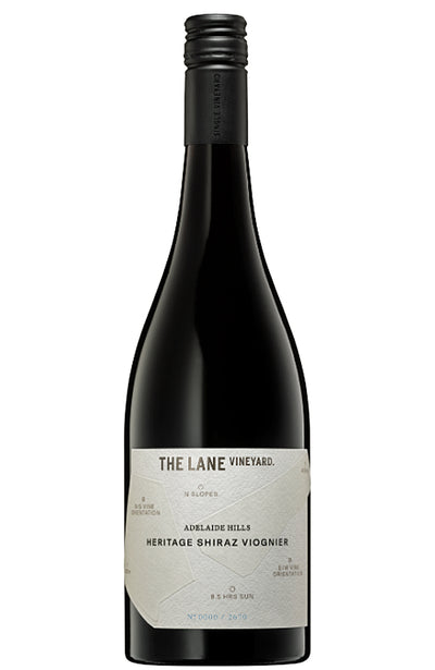 A bottle of The Lane Vineyard Adelaide Hills Heritage Shiraz Viognier red wine, featuring a dark glass bottle with a black screw cap and a light gray label.