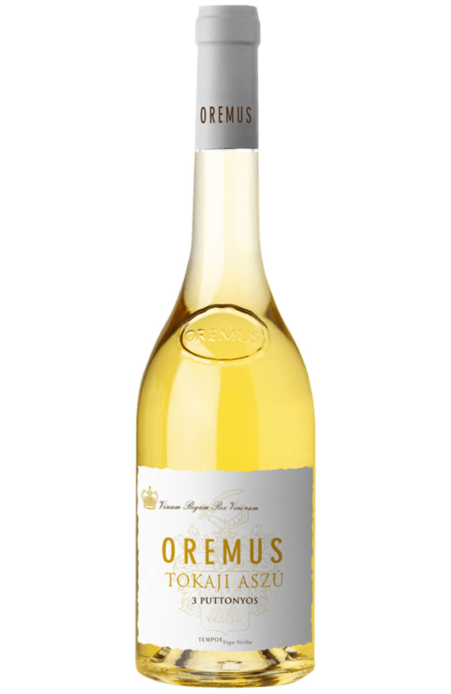 Bottle of Oremus Tokaji Aszu 3 Puttonyos dessert wine on a white background