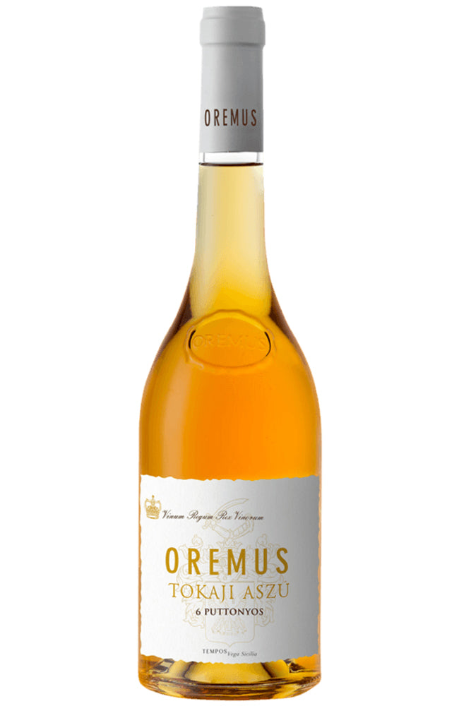 Bottle of Oremus Tokaji Aszu 6 Puttonyos wine on a white background