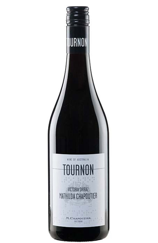 A bottle of Tournon Shiraz red wine with a dark glass body, black screw cap, and a white label featuring the Tournon brand name.