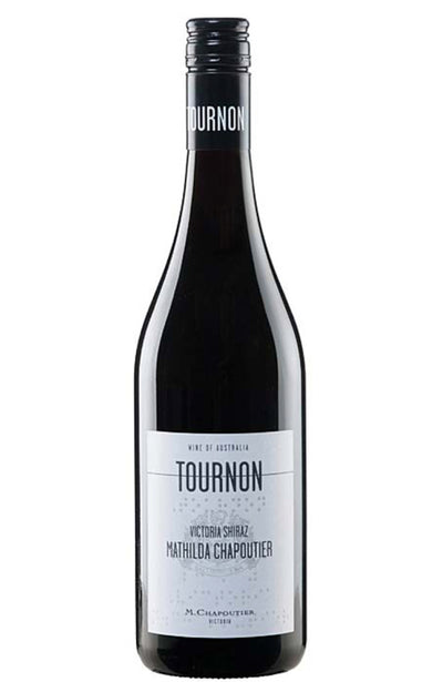 A bottle of Tournon Shiraz red wine with a dark glass body, black screw cap, and a white label featuring the Tournon brand name.