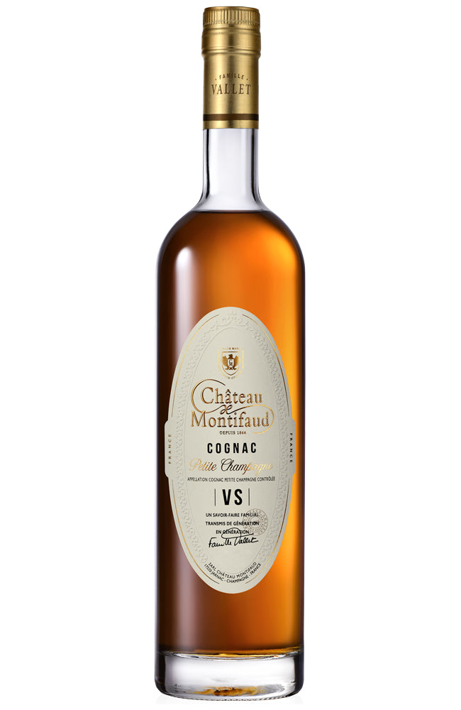 Bottle of Chateau Montifaud VS Cognac on a white background