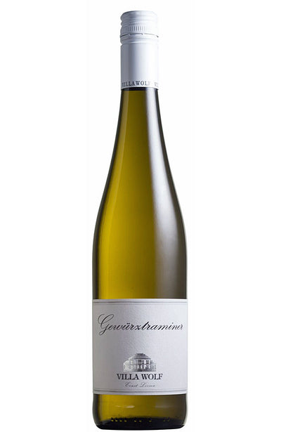 A bottle of Villa Wolf Gewürztraminer wine with a white label and white cap, set against a plain white background.