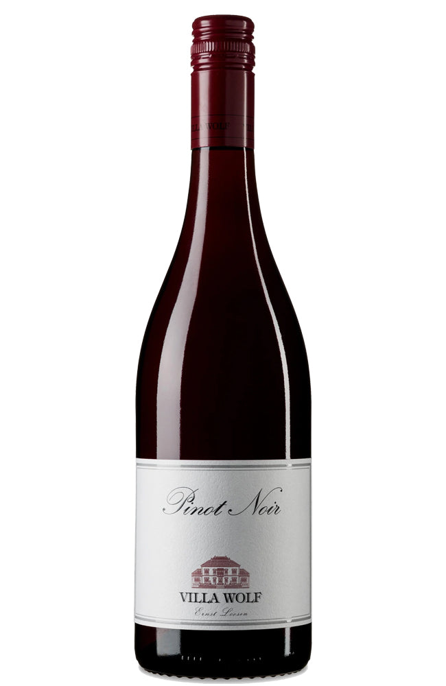 A bottle of Villa Wolf Pinot Noir red wine with a dark glass body, deep red foil at the neck, and a white label with red and black text, isolated on a white background.