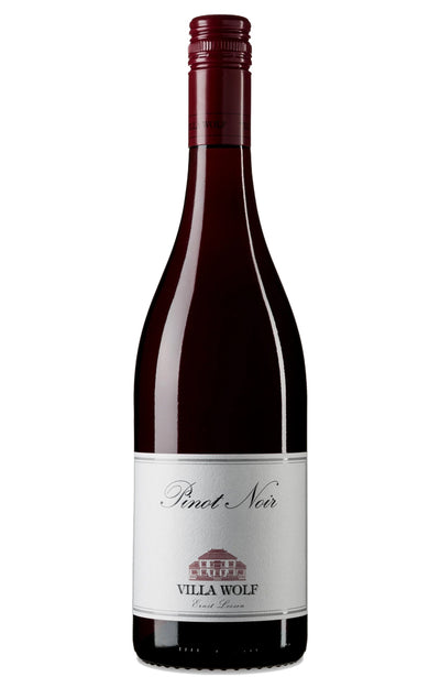 A bottle of Villa Wolf Pinot Noir red wine with a dark glass body, deep red foil at the neck, and a white label with red and black text, isolated on a white background.