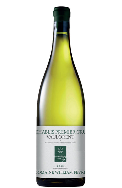A bottle of Domaine William Fevre Chablis Premier Cru Vaulorent white wine, featuring a pale yellow-green liquid, a white label with green text, and a dark green capsule, set against a plain white background.