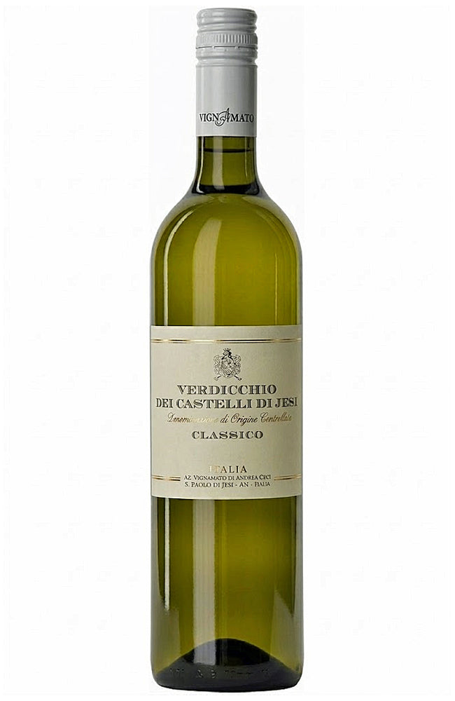 Bottle of Vignamato Verdicchio dei Castelli di Jesi Classico wine on a white background