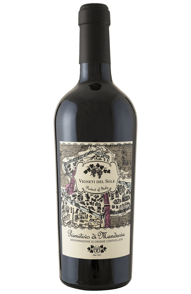 Vigneti del Sole Primitivo Red wine bottle with decorative label on a white background