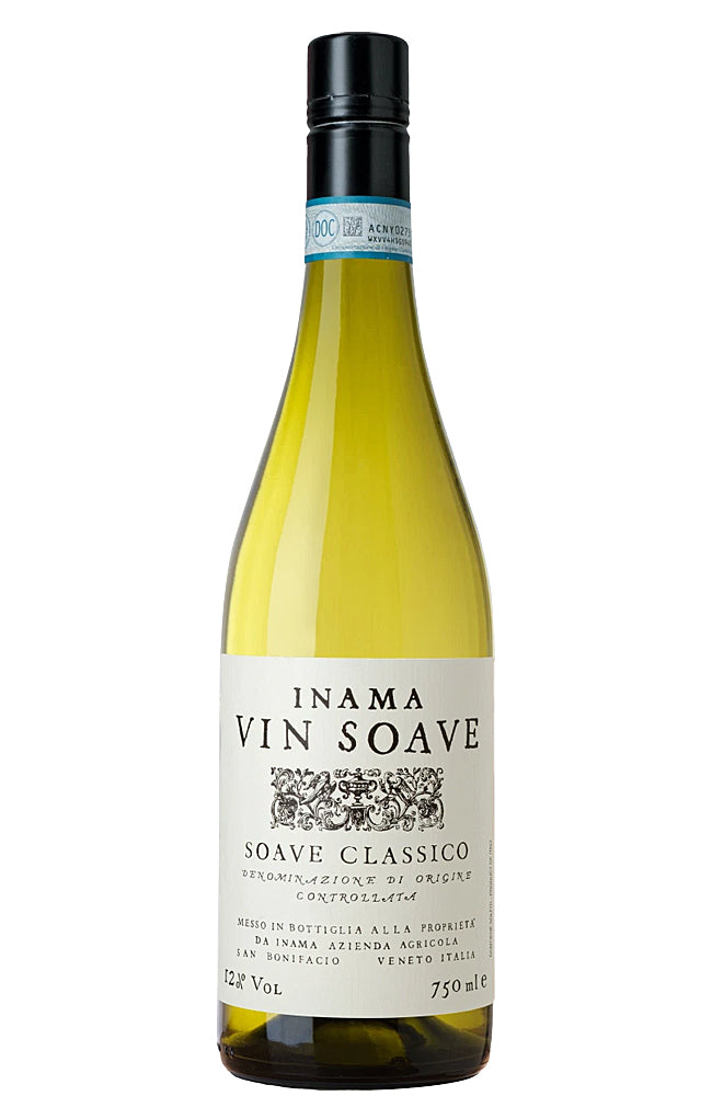 A bottle of Inama Vin Soave Soave Classico white wine, featuring a pale yellow-green glass bottle, a cream-colored label with black text, and a black screw cap, isolated on a white background.