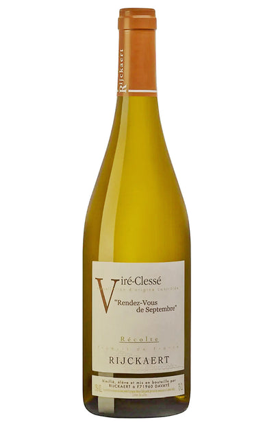 A bottle of Vins Rijckaert Viré-Classé white wine, featuring a pale golden-yellow liquid inside a clear glass bottle with a brown paper neck wrap and a cream-colored label.