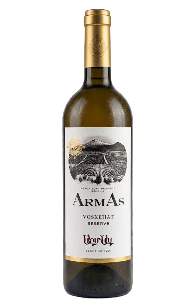 A bottle of ArmAs Voskehat Reserve white wine, featuring a dark green glass bottle with a gold foil capsule and a white label with black and red text, set against a plain white background.
